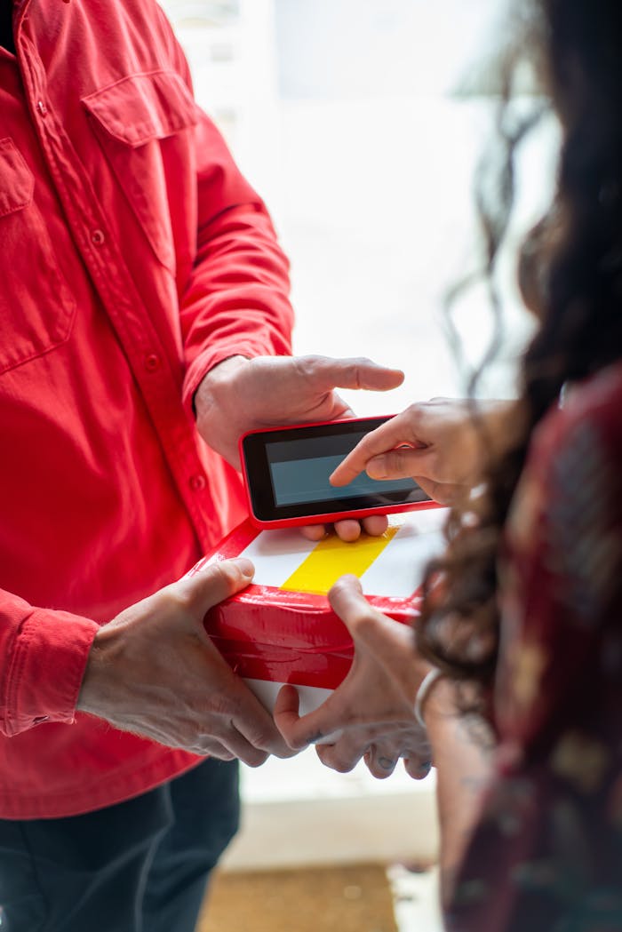 Mastering the First Impression: Your intriguing post title goes here A delivery person in red hands a package to a customer for electronic signature, highlighting e-commerce convenience.