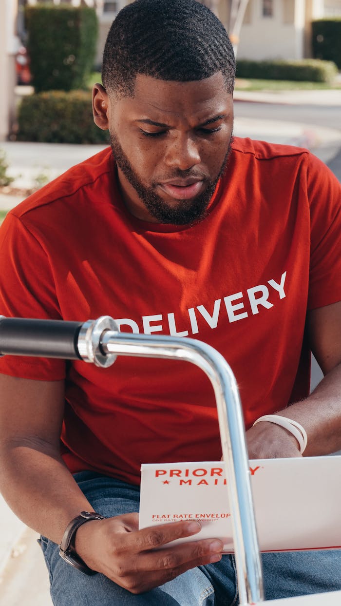 Crafting Captivating Headlines: Your awesome post title goes here Courier in red delivery uniform handling priority mail package outdoors beside bicycle.