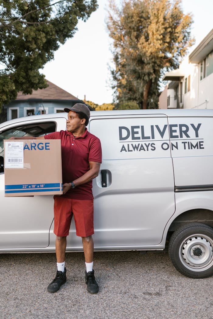 The Art of Drawing Readers In: Your attractive post title goes here A deliveryman in uniform holding a large package by a delivery van, symbolizing efficient service.